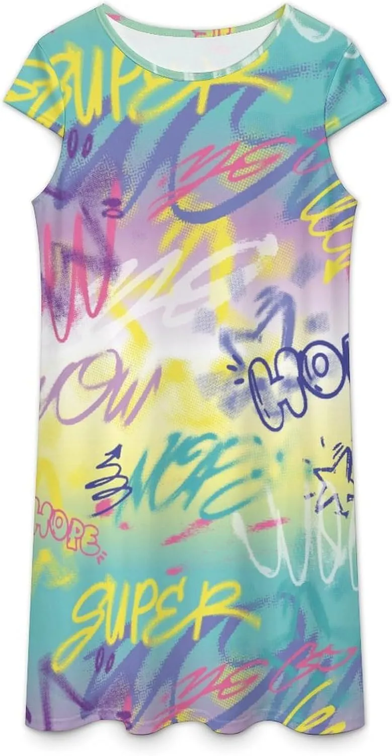Street Art Graffiti Urban Style Women's Summer Short Sleeve Casual Simple T-Shirt Loose Dress with Pockets
