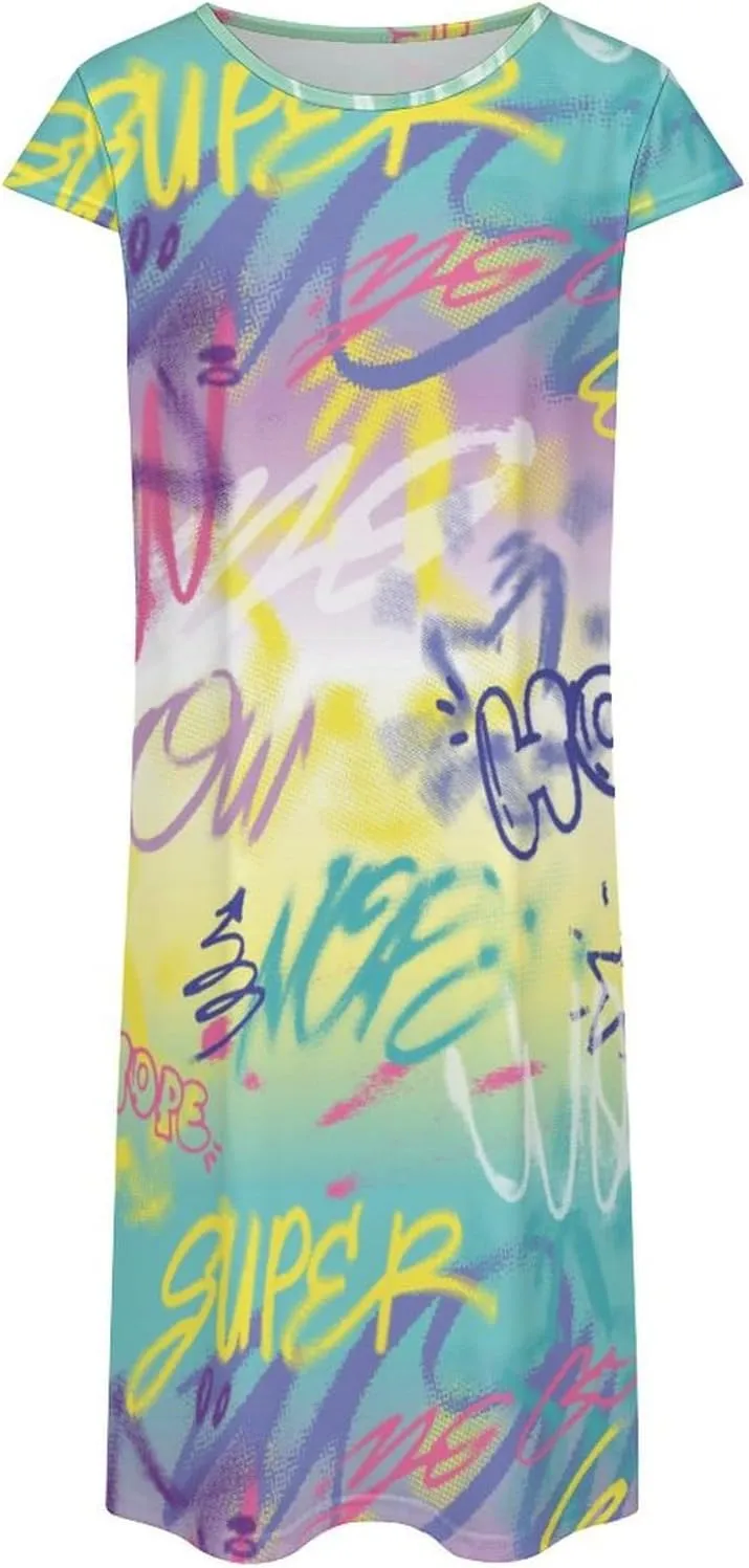 Street Art Graffiti Urban Style Women's Summer Short Sleeve Casual Simple T-Shirt Loose Dress with Pockets