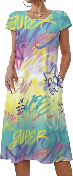 Street Art Graffiti Urban Style Women's Summer Short Sleeve Casual Simple T-Shirt Loose Dress with Pockets