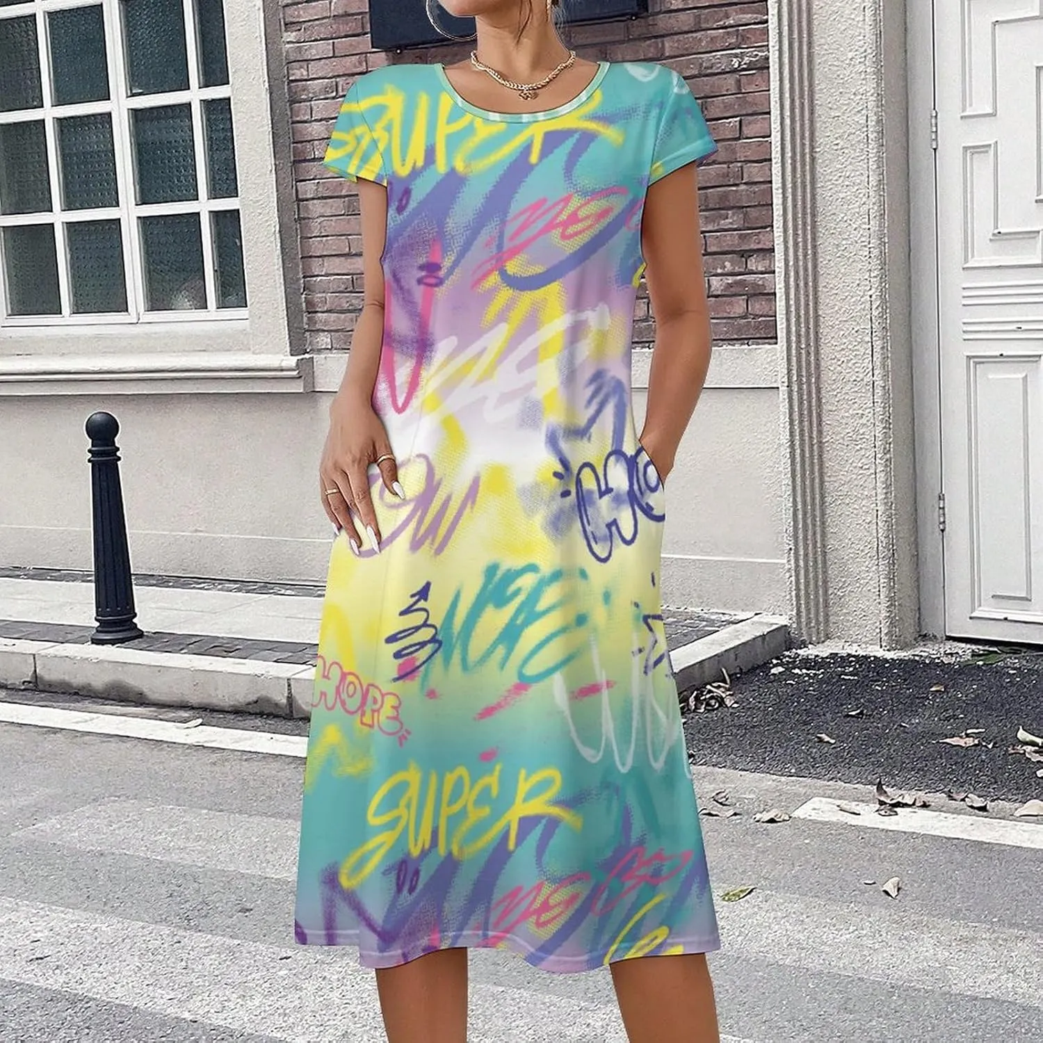 Street Art Graffiti Urban Style Women's Summer Short Sleeve Casual Simple T-Shirt Loose Dress with Pockets