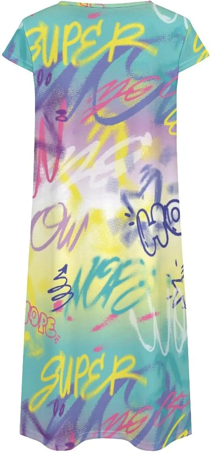 Street Art Graffiti Urban Style Women's Summer Short Sleeve Casual Simple T-Shirt Loose Dress with Pockets