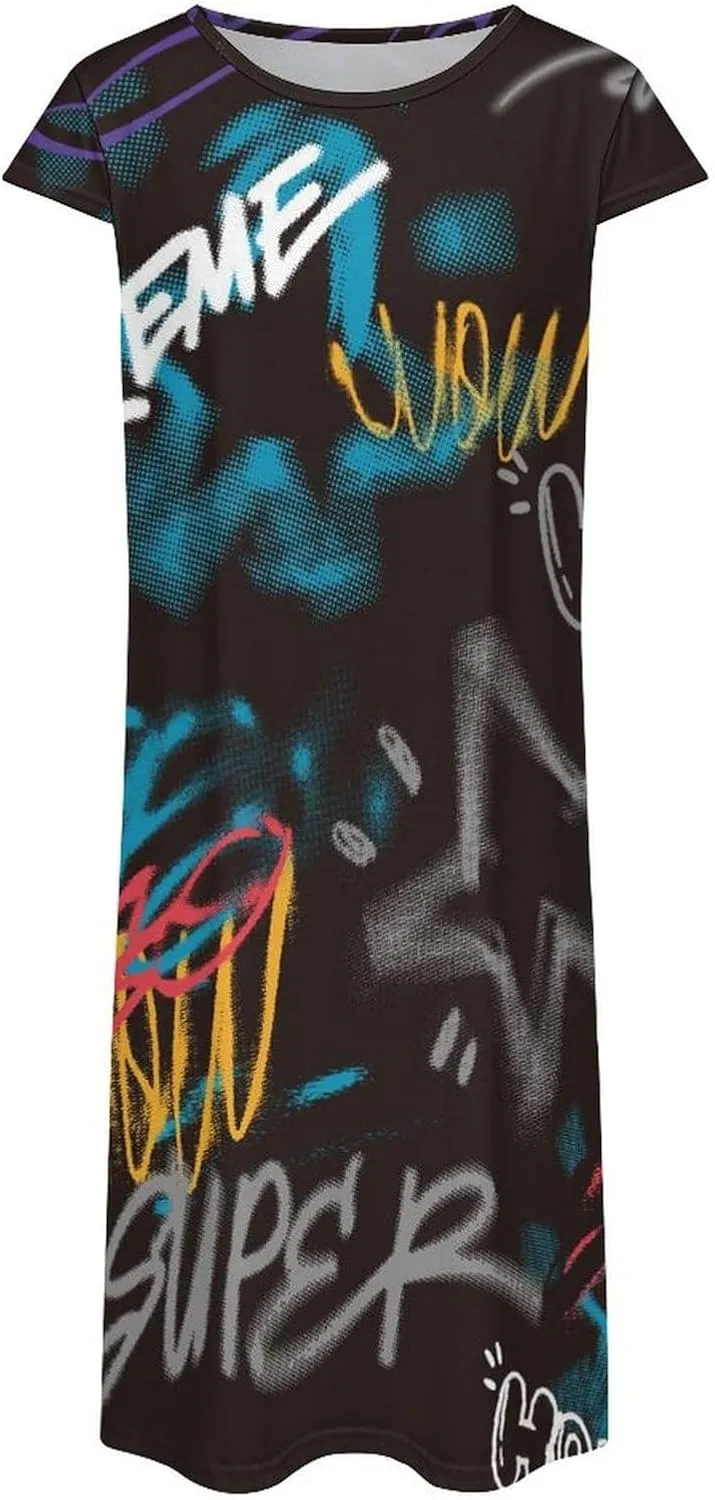Street Art Graffiti Urban Theme Women's Summer Short Sleeve Casual Simple T-Shirt Loose Dress with Pockets