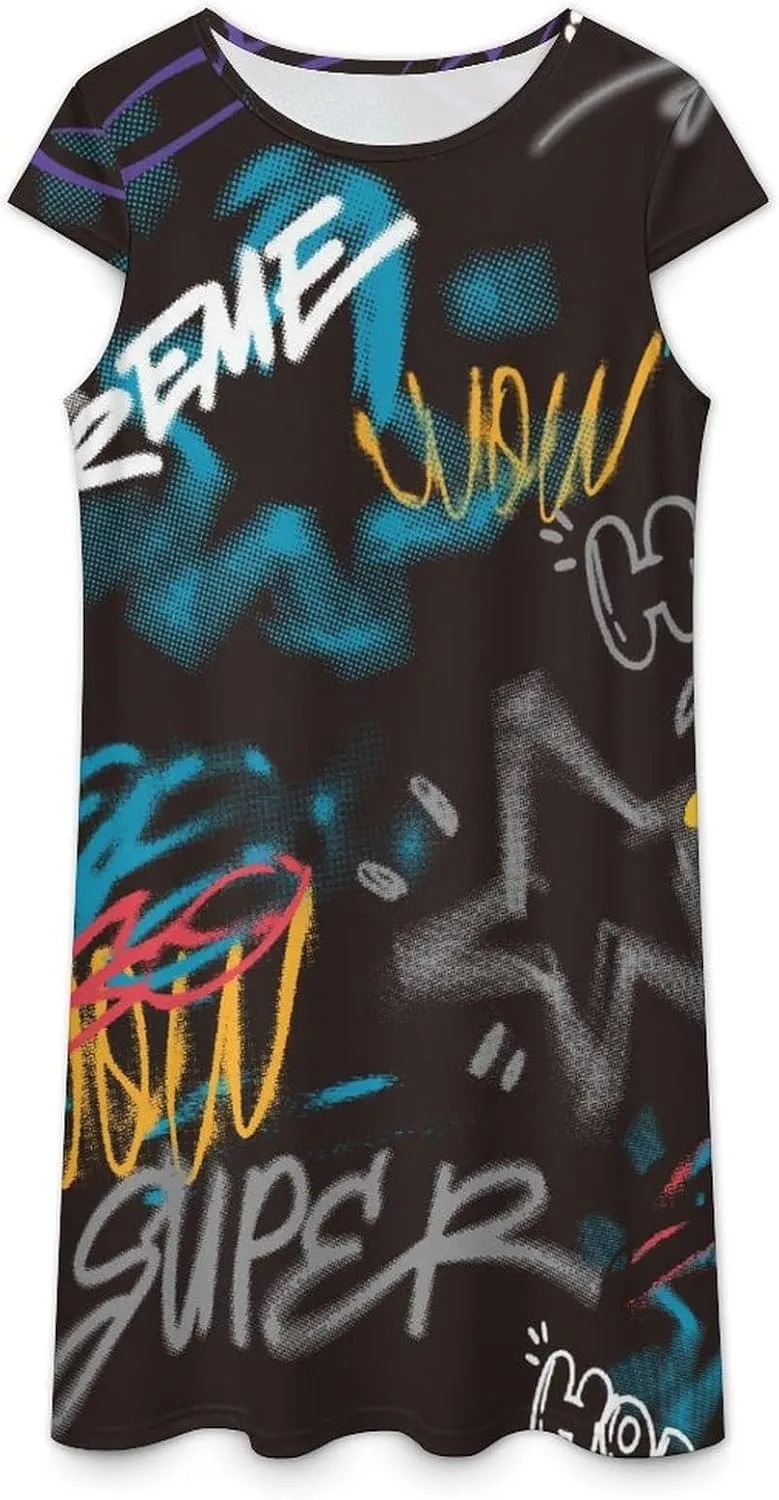 Street Art Graffiti Urban Theme Women's Summer Short Sleeve Casual Simple T-Shirt Loose Dress with Pockets