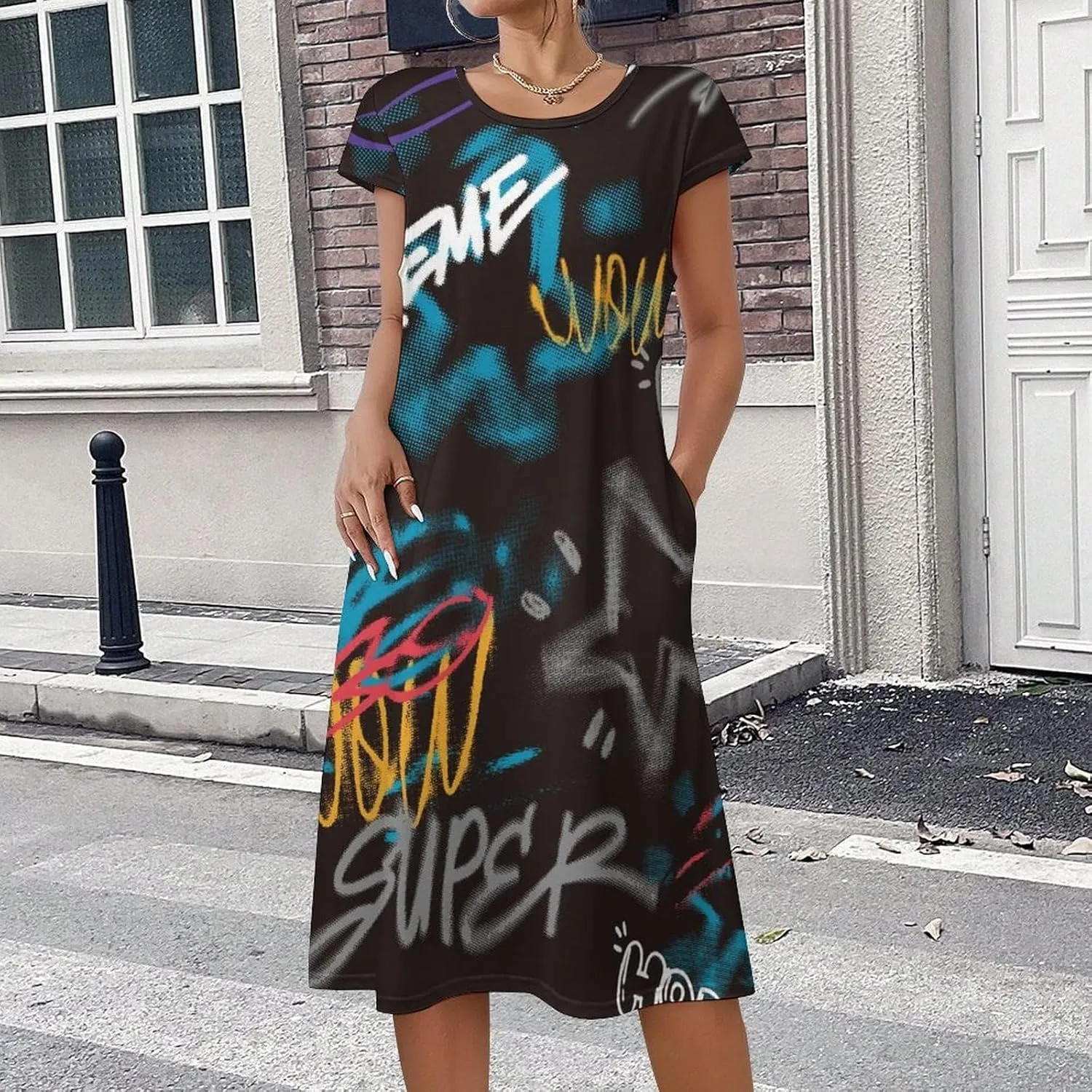 Street Art Graffiti Urban Theme Women's Summer Short Sleeve Casual Simple T-Shirt Loose Dress with Pockets
