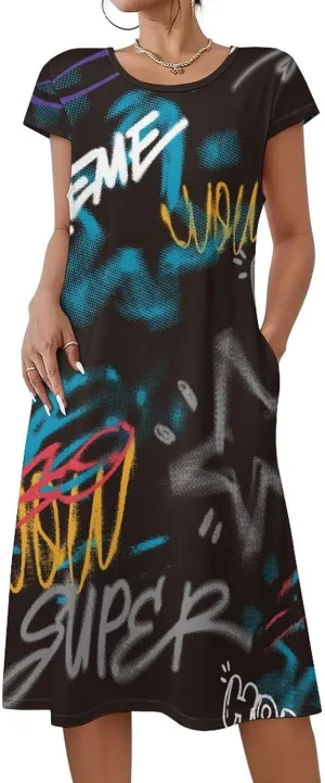 Street Art Graffiti Urban Theme Women's Summer Short Sleeve Casual Simple T-Shirt Loose Dress with Pockets