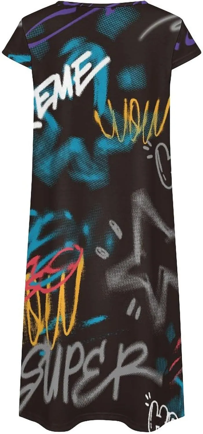 Street Art Graffiti Urban Theme Women's Summer Short Sleeve Casual Simple T-Shirt Loose Dress with Pockets
