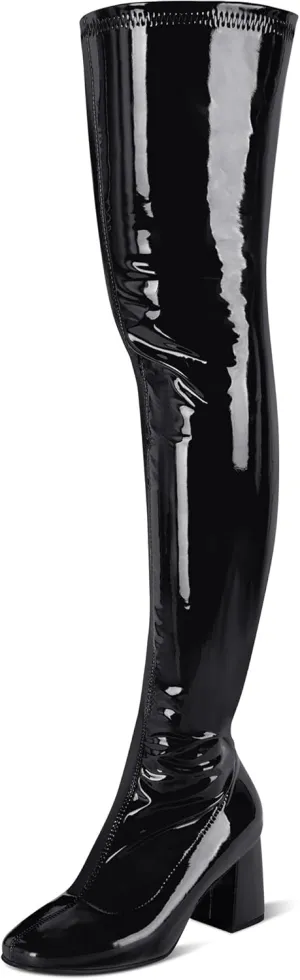 syztsho Thigh High Boots for Women Patent Leather PU Chunky Heel Over The Knee Boot Sexy Square Toe Side Zipper GOGO Boots
