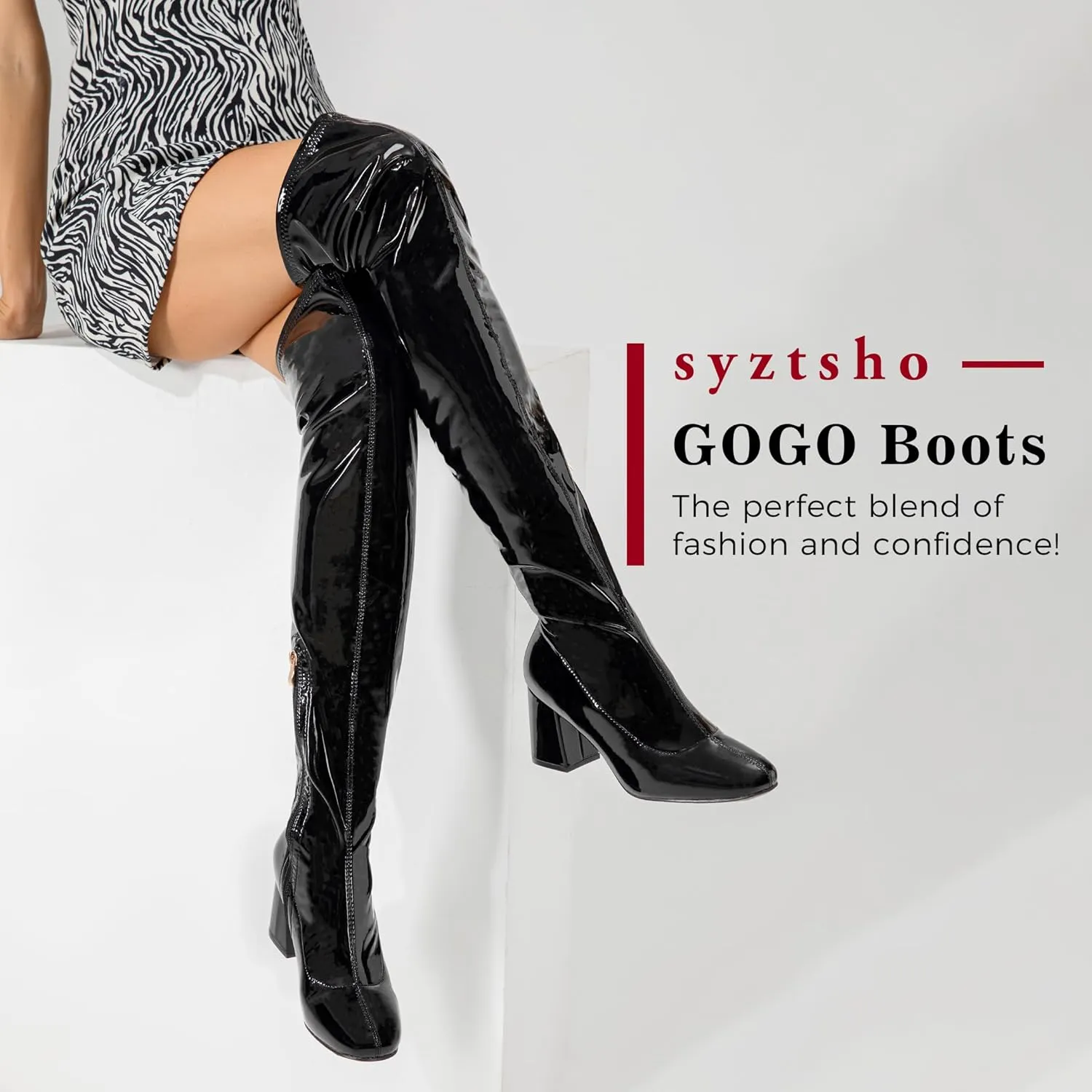 syztsho Thigh High Boots for Women Patent Leather PU Chunky Heel Over The Knee Boot Sexy Square Toe Side Zipper GOGO Boots