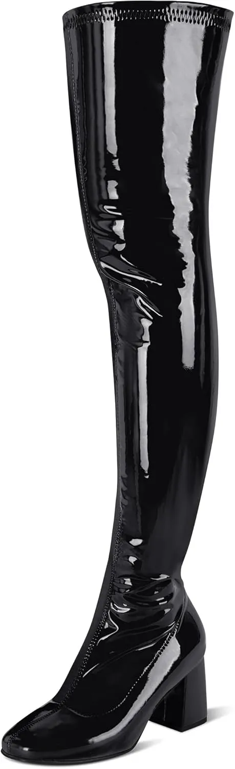 syztsho Thigh High Boots for Women Patent Leather PU Chunky Heel Over The Knee Boot Sexy Square Toe Side Zipper GOGO Boots