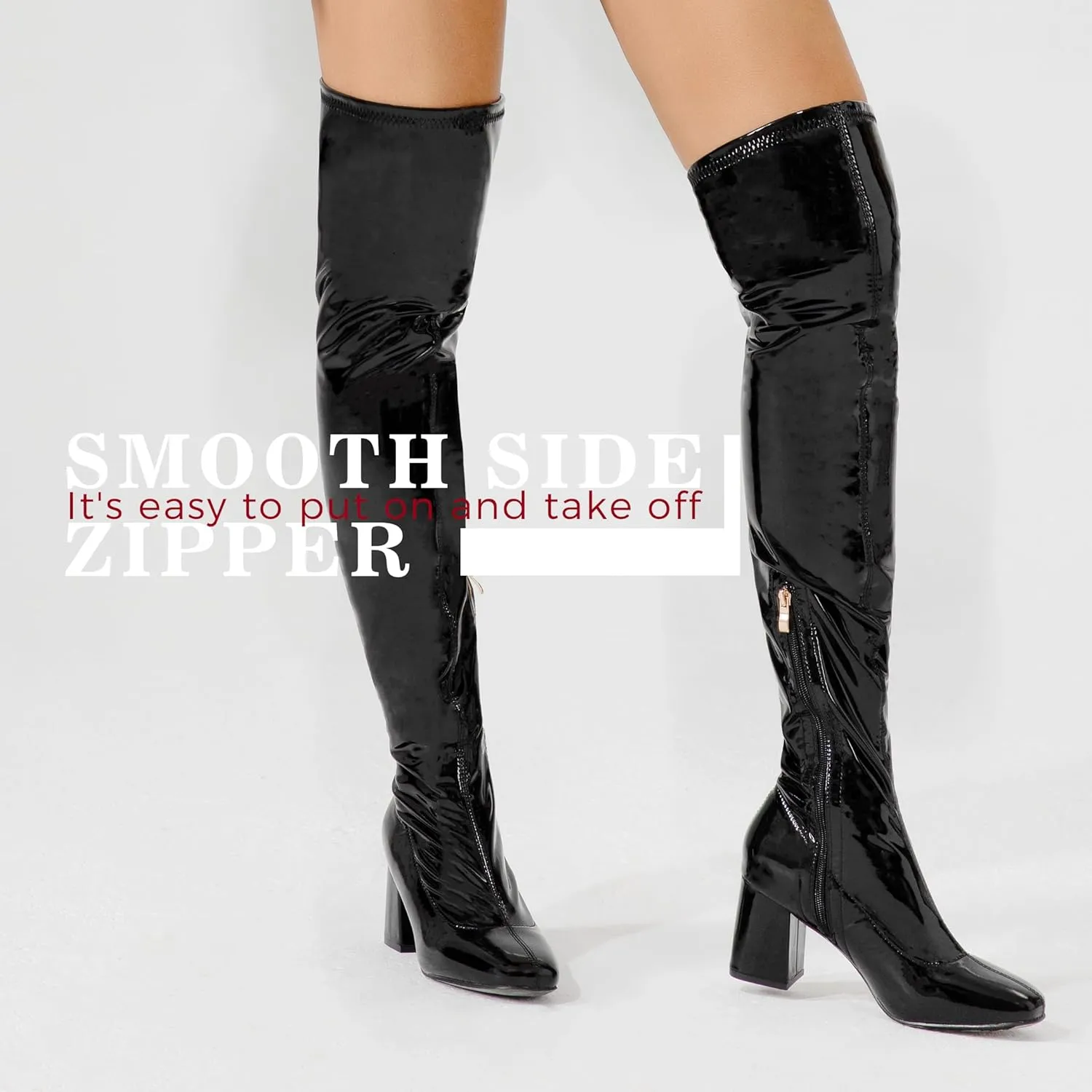syztsho Thigh High Boots for Women Patent Leather PU Chunky Heel Over The Knee Boot Sexy Square Toe Side Zipper GOGO Boots
