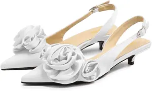 Tang'scuisins Women Elegant Slingback Slip on D'Orsay Flower Ruched Pumps Low Kitten Heels Closed Pointed Toe Buckle Sandals Satin Wedding Dress Evening Event Prom Club Shoes Size 4-16 US