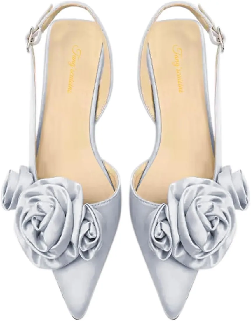 Tang'scuisins Women Elegant Slingback Slip on D'Orsay Flower Ruched Pumps Low Kitten Heels Closed Pointed Toe Buckle Sandals Satin Wedding Dress Evening Event Prom Club Shoes Size 4-16 US