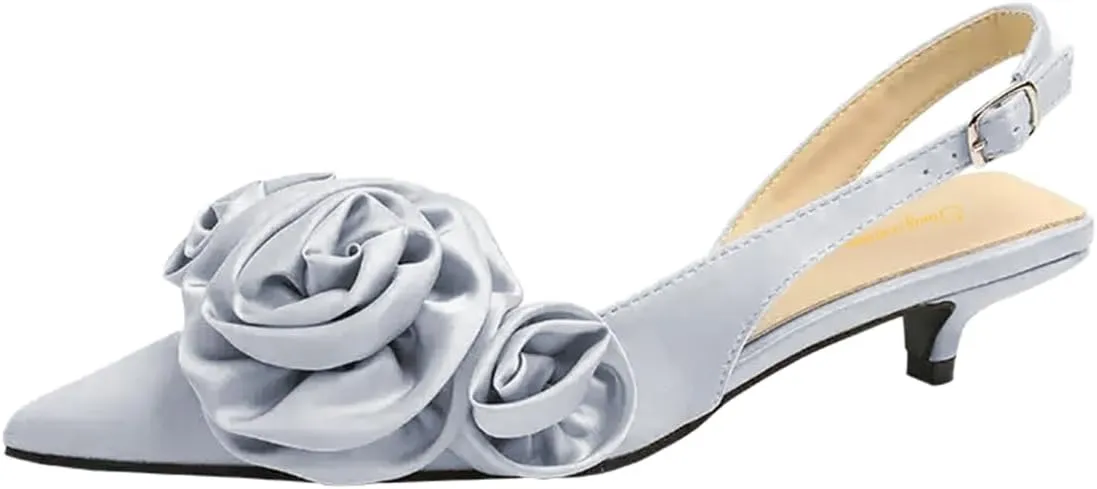 Tang'scuisins Women Elegant Slingback Slip on D'Orsay Flower Ruched Pumps Low Kitten Heels Closed Pointed Toe Buckle Sandals Satin Wedding Dress Evening Event Prom Club Shoes Size 4-16 US