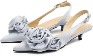 Tang'scuisins Women Elegant Slingback Slip on D'Orsay Flower Ruched Pumps Low Kitten Heels Closed Pointed Toe Buckle Sandals Satin Wedding Dress Evening Event Prom Club Shoes Size 4-16 US