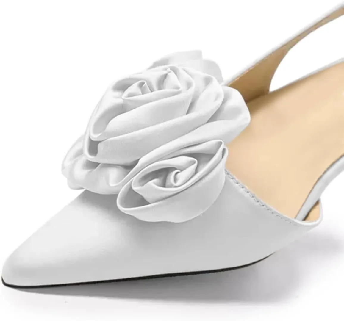 Tang'scuisins Women Elegant Slingback Slip on D'Orsay Flower Ruched Pumps Low Kitten Heels Closed Pointed Toe Buckle Sandals Satin Wedding Dress Evening Event Prom Club Shoes Size 4-16 US