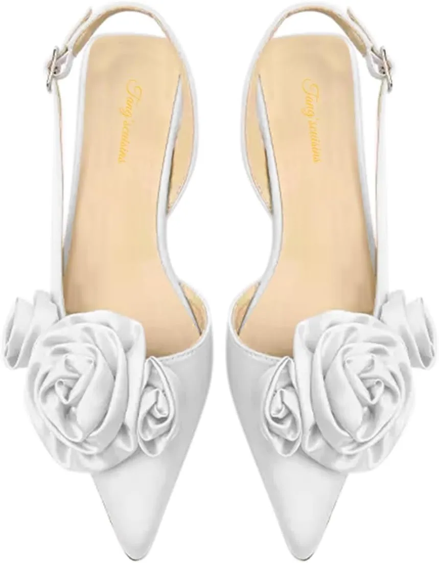 Tang'scuisins Women Elegant Slingback Slip on D'Orsay Flower Ruched Pumps Low Kitten Heels Closed Pointed Toe Buckle Sandals Satin Wedding Dress Evening Event Prom Club Shoes Size 4-16 US