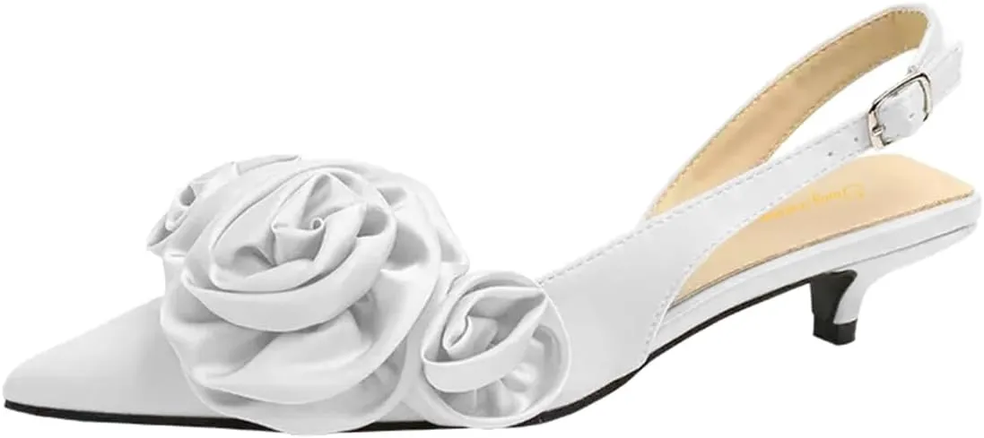 Tang'scuisins Women Elegant Slingback Slip on D'Orsay Flower Ruched Pumps Low Kitten Heels Closed Pointed Toe Buckle Sandals Satin Wedding Dress Evening Event Prom Club Shoes Size 4-16 US