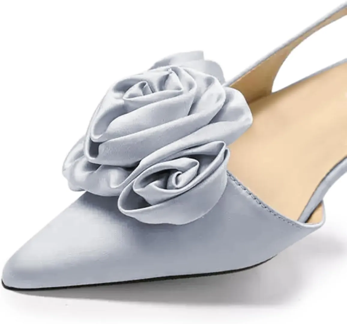 Tang'scuisins Women Elegant Slingback Slip on D'Orsay Flower Ruched Pumps Low Kitten Heels Closed Pointed Toe Buckle Sandals Satin Wedding Dress Evening Event Prom Club Shoes Size 4-16 US