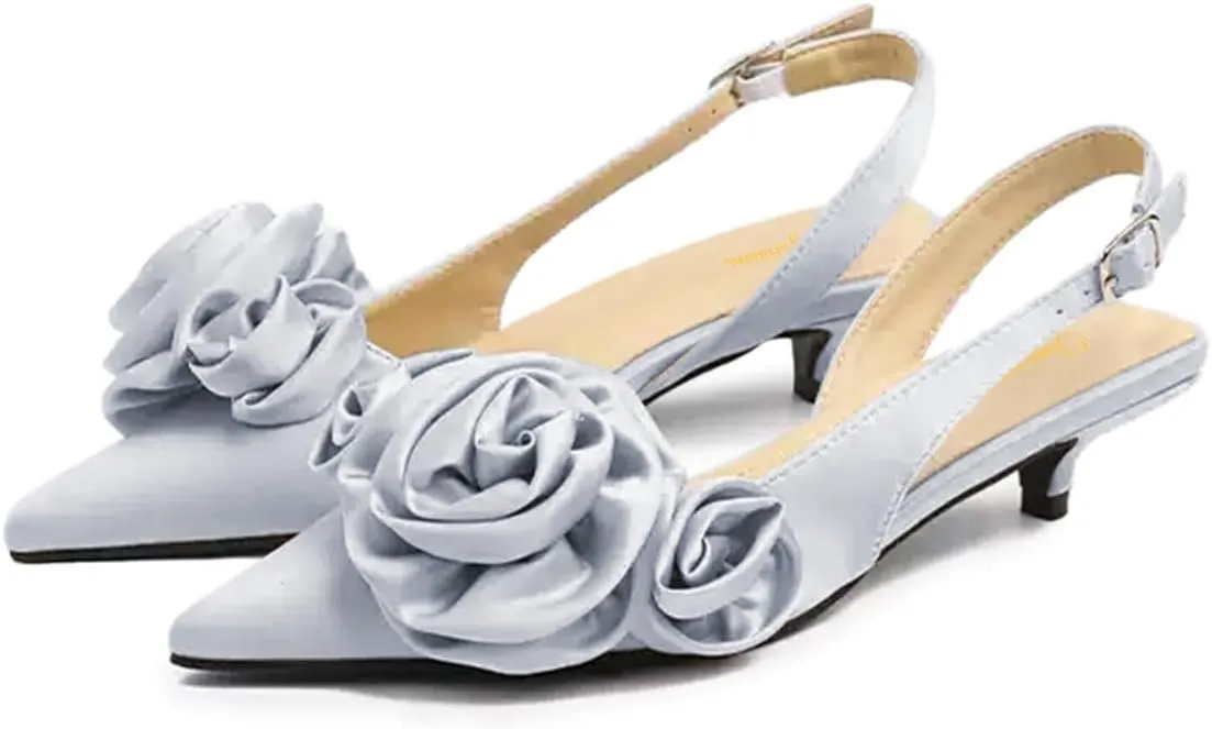 Tang'scuisins Women Elegant Slingback Slip on D'Orsay Flower Ruched Pumps Low Kitten Heels Closed Pointed Toe Buckle Sandals Satin Wedding Dress Evening Event Prom Club Shoes Size 4-16 US