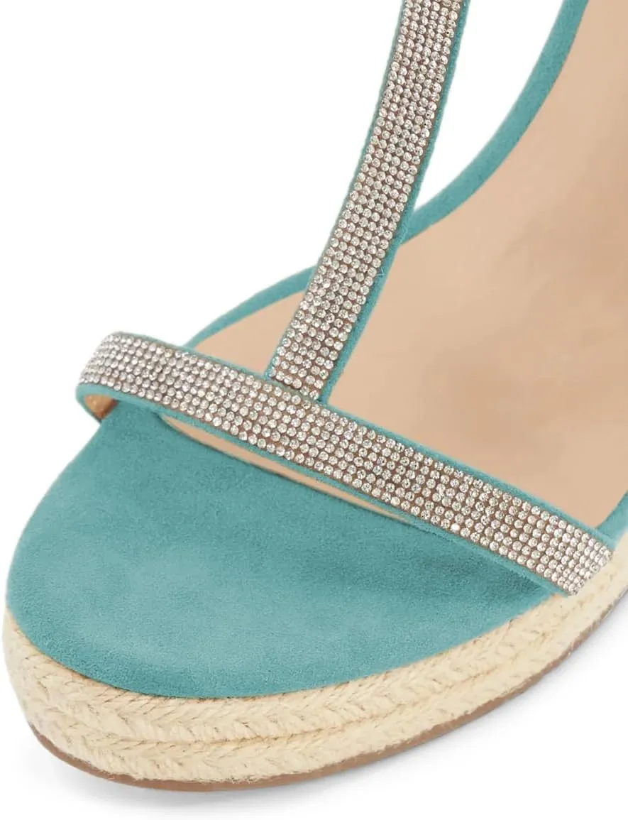 Tang'scuisins Women Strappy Open Toe T-strap Sandals Espadrille Wedges High Heels Buckle Rhinestones Daily Wear Party Summer Shoes Size 4-16 US