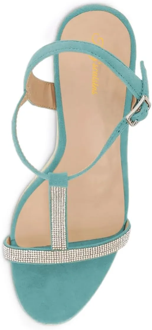 Tang'scuisins Women Strappy Open Toe T-strap Sandals Espadrille Wedges High Heels Buckle Rhinestones Daily Wear Party Summer Shoes Size 4-16 US