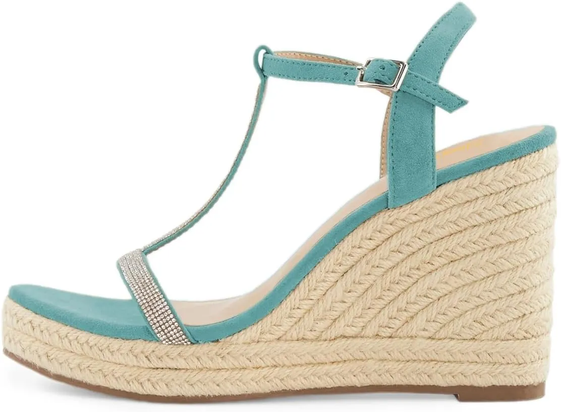Tang'scuisins Women Strappy Open Toe T-strap Sandals Espadrille Wedges High Heels Buckle Rhinestones Daily Wear Party Summer Shoes Size 4-16 US