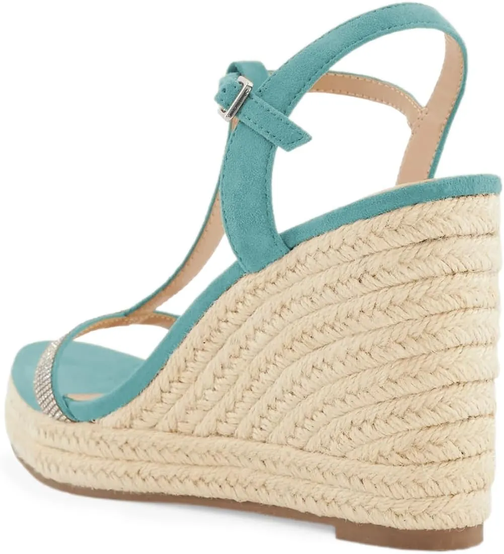 Tang'scuisins Women Strappy Open Toe T-strap Sandals Espadrille Wedges High Heels Buckle Rhinestones Daily Wear Party Summer Shoes Size 4-16 US