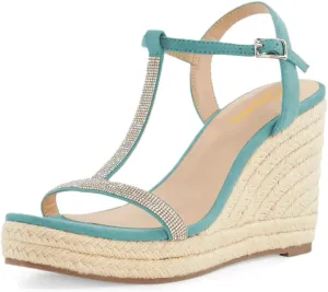 Tang'scuisins Women Strappy Open Toe T-strap Sandals Espadrille Wedges High Heels Buckle Rhinestones Daily Wear Party Summer Shoes Size 4-16 US