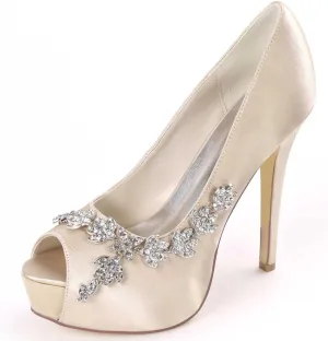 TarfiC Wedding Shoes for Bride High Heel Platform Bridal Shoes Rhinestones Wedding Heels for Women Pumps Satin Evening Party Prom Dress Shoes