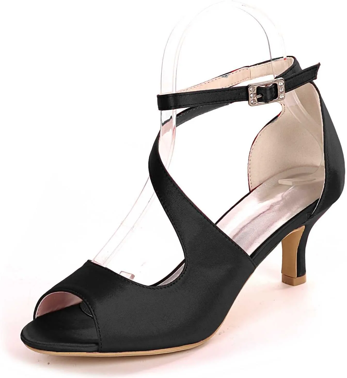 TarfiC Women Comfort Low Heel Sandals Buckle Stiletto Heels Open Toe Ankle Strap Satin Bridal Wedding Shoes