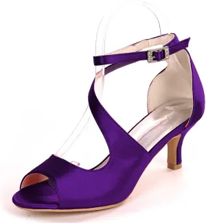 TarfiC Women Comfort Low Heel Sandals Buckle Stiletto Heels Open Toe Ankle Strap Satin Bridal Wedding Shoes