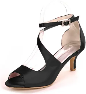TarfiC Women Comfort Low Heel Sandals Buckle Stiletto Heels Open Toe Ankle Strap Satin Bridal Wedding Shoes