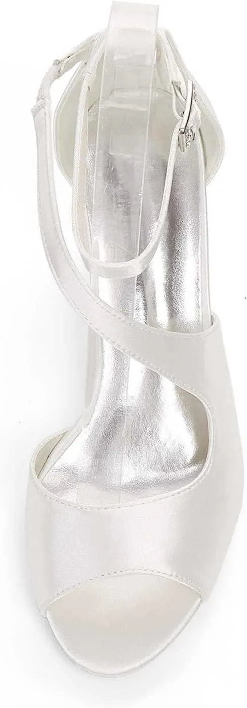 TarfiC Women Comfort Low Heel Sandals Buckle Stiletto Heels Open Toe Ankle Strap Satin Bridal Wedding Shoes