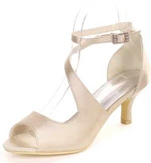 TarfiC Women Comfort Low Heel Sandals Buckle Stiletto Heels Open Toe Ankle Strap Satin Bridal Wedding Shoes