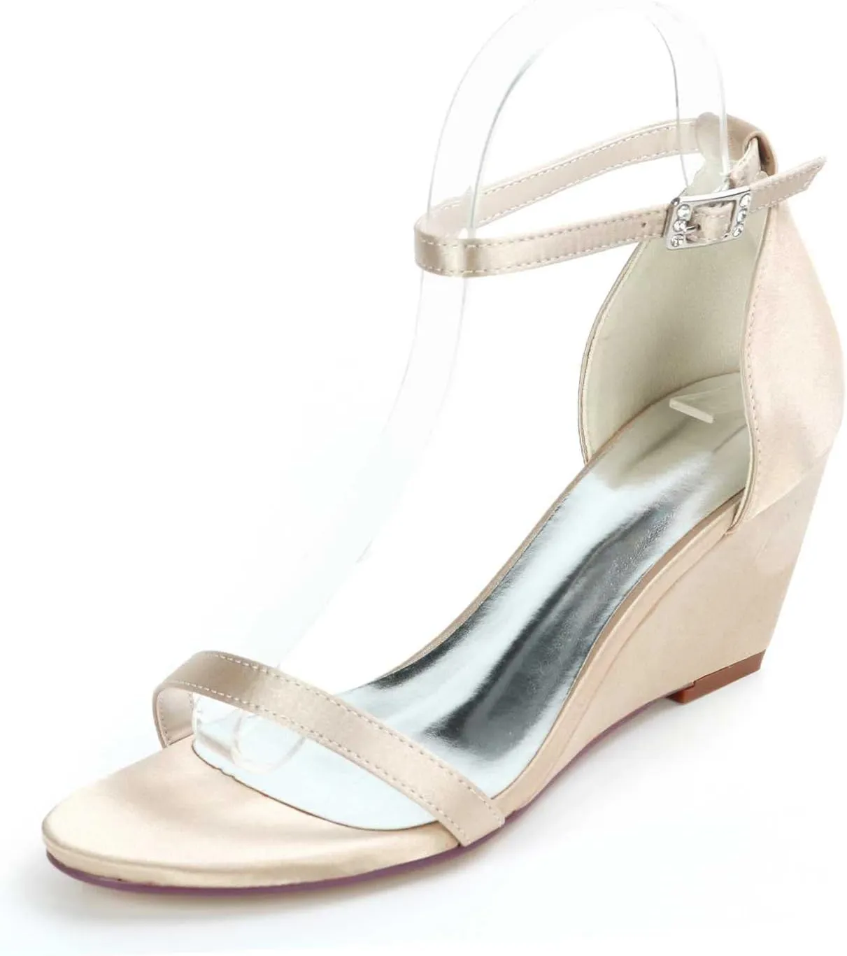TarfiC Women's Wedge Ankle Strap High Heel Buckle Satin Open Toe Stiletto Wedding Pumps Shoes