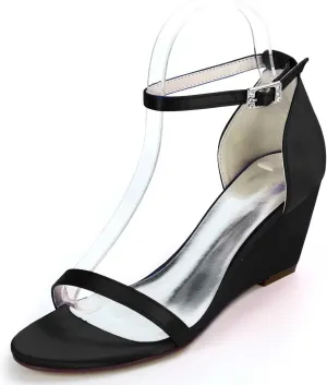 TarfiC Women's Wedge Ankle Strap High Heel Buckle Satin Open Toe Stiletto Wedding Pumps Shoes