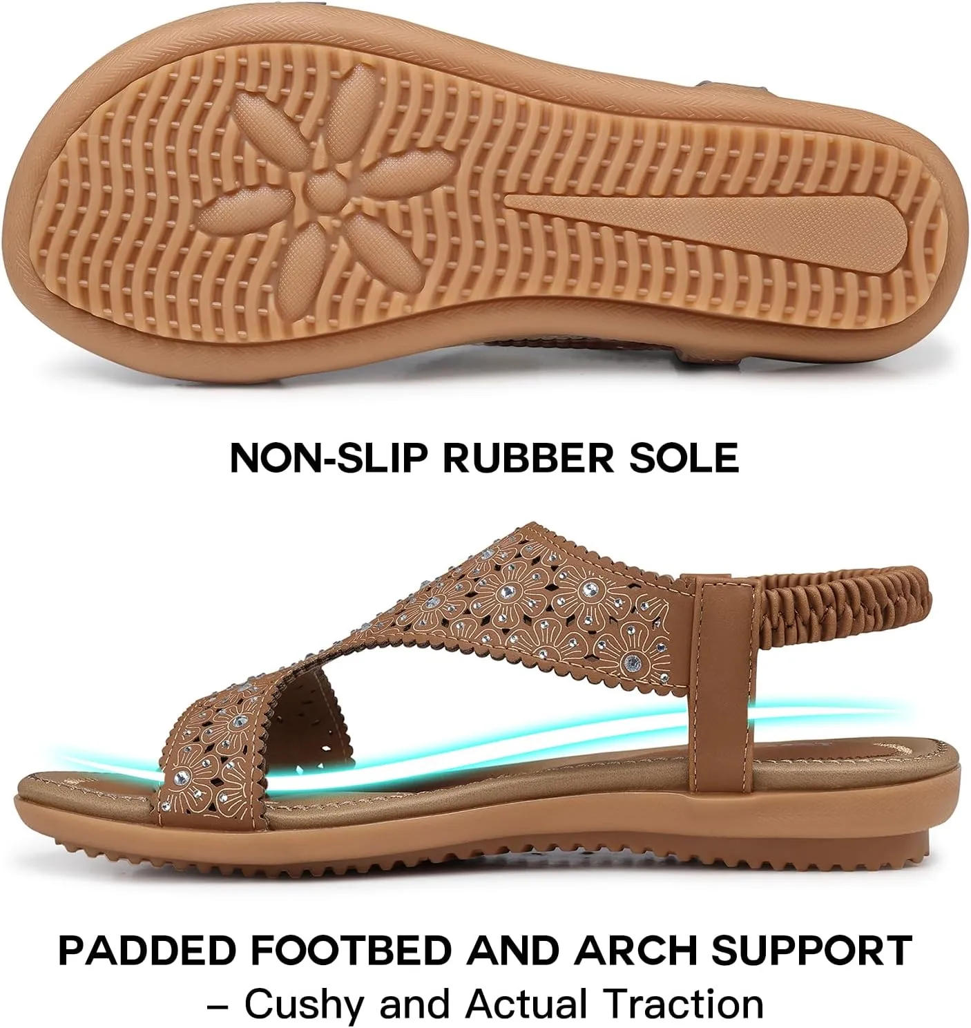 TEMOFON Flat Sandals for Women Dressy: Summer Open Toe Elastic Ankle Strap Sandals Woman - Comfortable Walking Wide Non Slip Flats