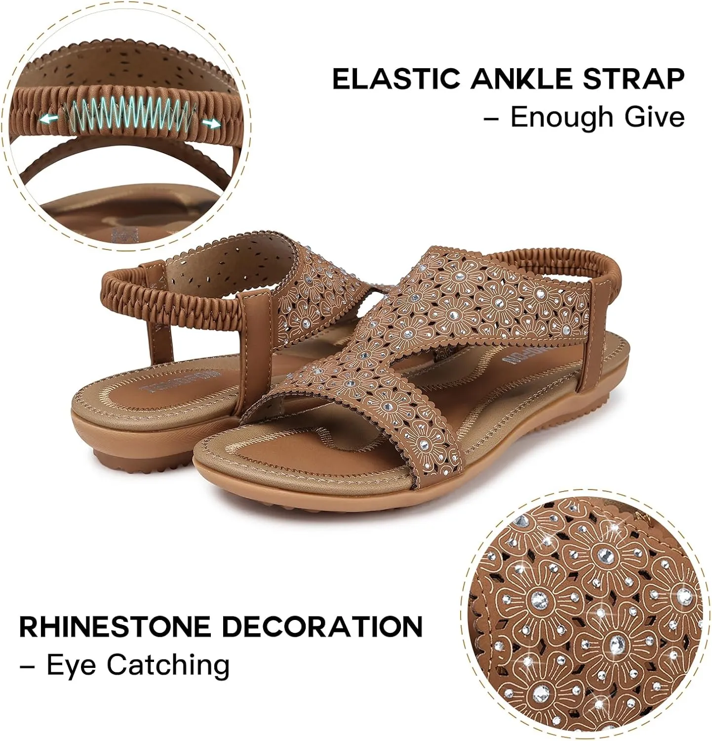 TEMOFON Flat Sandals for Women Dressy: Summer Open Toe Elastic Ankle Strap Sandals Woman - Comfortable Walking Wide Non Slip Flats