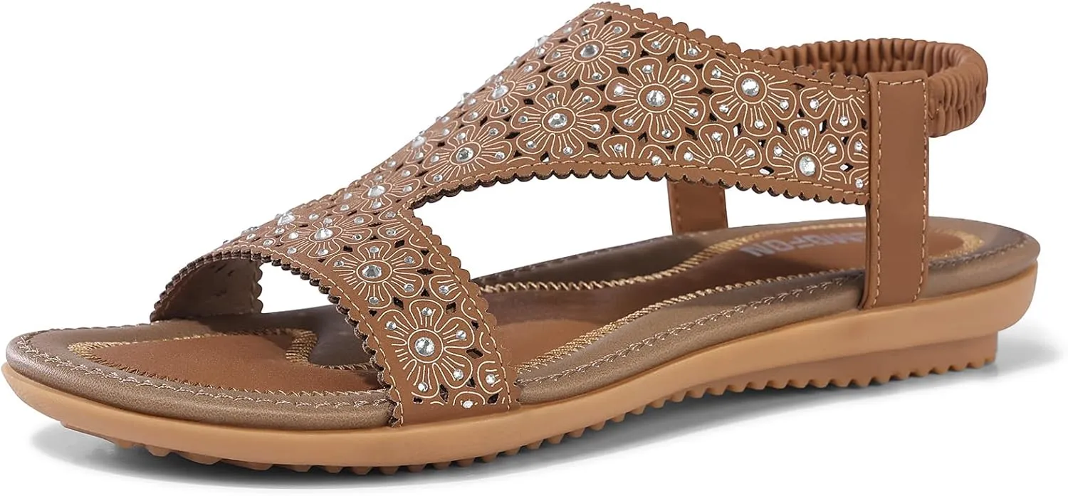 TEMOFON Flat Sandals for Women Dressy: Summer Open Toe Elastic Ankle Strap Sandals Woman - Comfortable Walking Wide Non Slip Flats