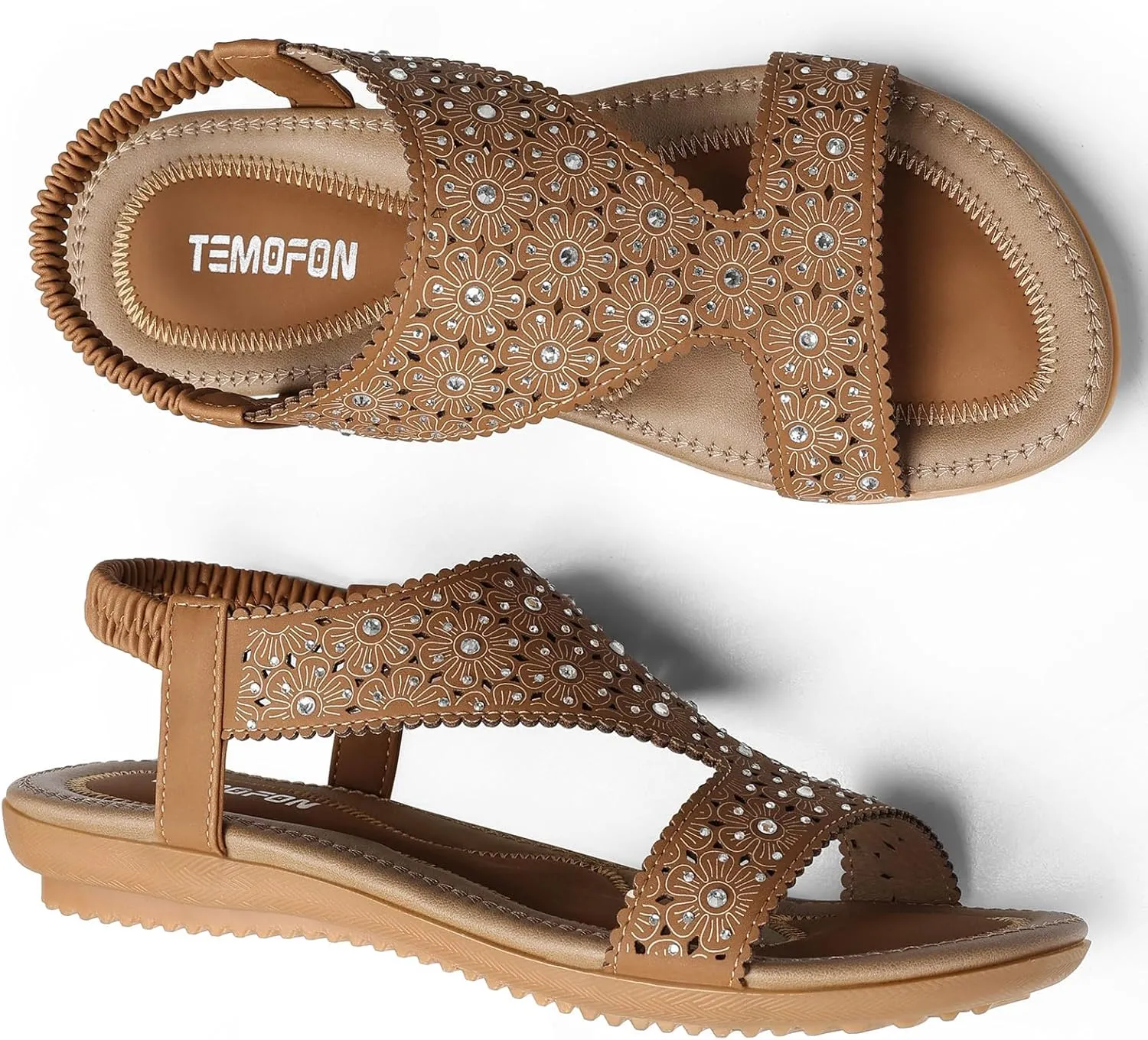 TEMOFON Flat Sandals for Women Dressy: Summer Open Toe Elastic Ankle Strap Sandals Woman - Comfortable Walking Wide Non Slip Flats