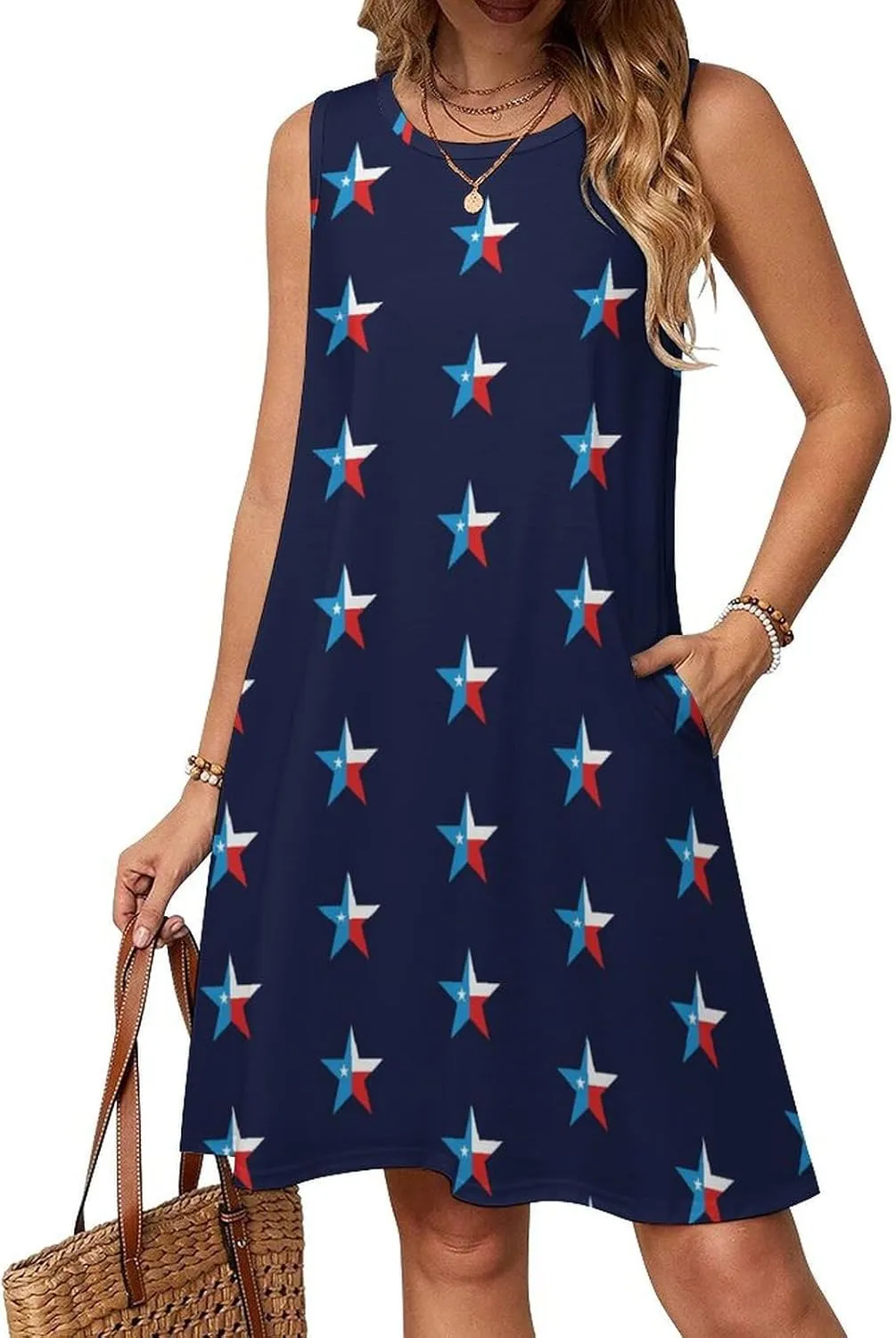 Texas Flag of Patriotic Stars Women's Summer Dress Sleeveless Casual Loose Beach Vacation Tank Sundress