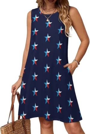 Texas Flag of Patriotic Stars Women's Summer Dress Sleeveless Casual Loose Beach Vacation Tank Sundress
