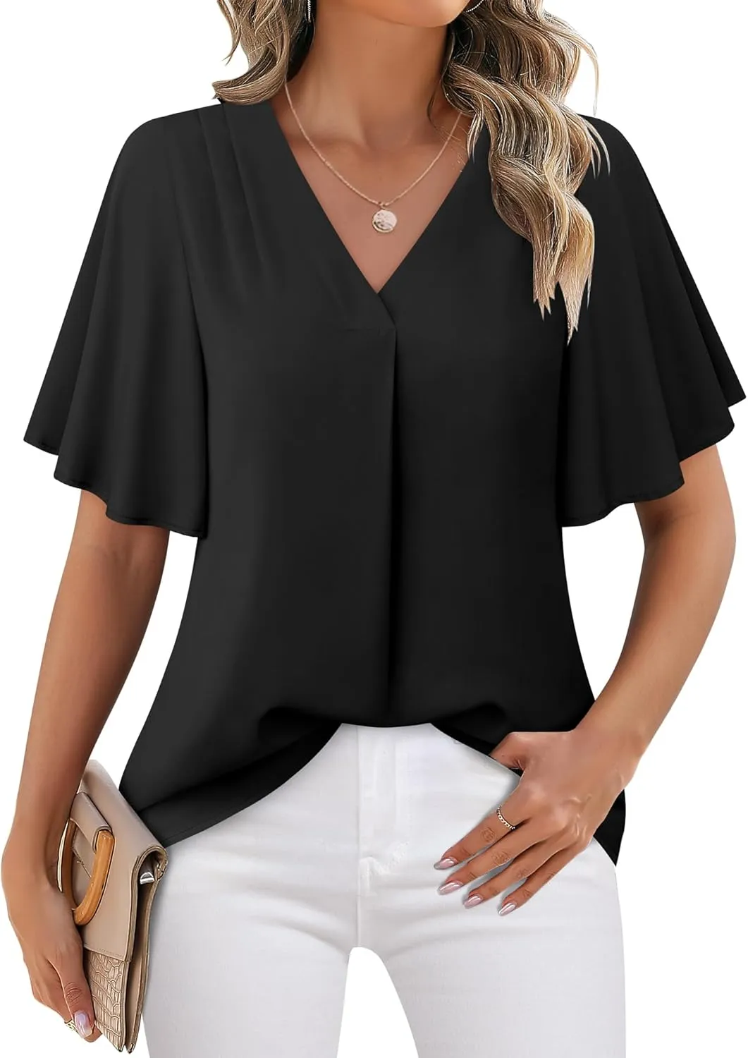 Timeson Women's V Neck Chiffon Blouse Ruffle Sleeve Ladies Work Shirts