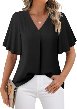 Timeson Women's V Neck Chiffon Blouse Ruffle Sleeve Ladies Work Shirts
