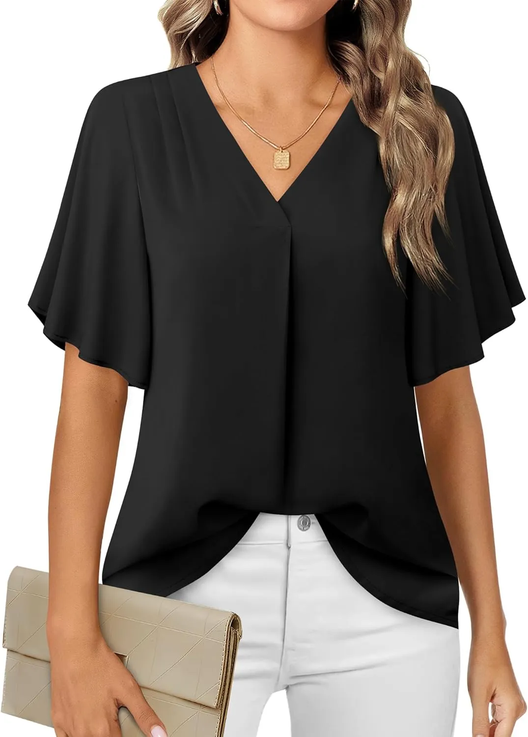 Timeson Women's V Neck Chiffon Blouse Ruffle Sleeve Ladies Work Shirts
