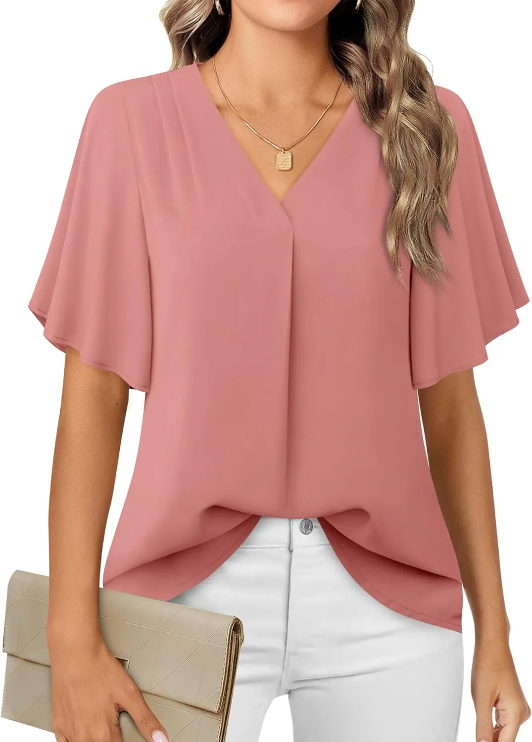 Timeson Women's V Neck Chiffon Blouse Ruffle Sleeve Ladies Work Shirts