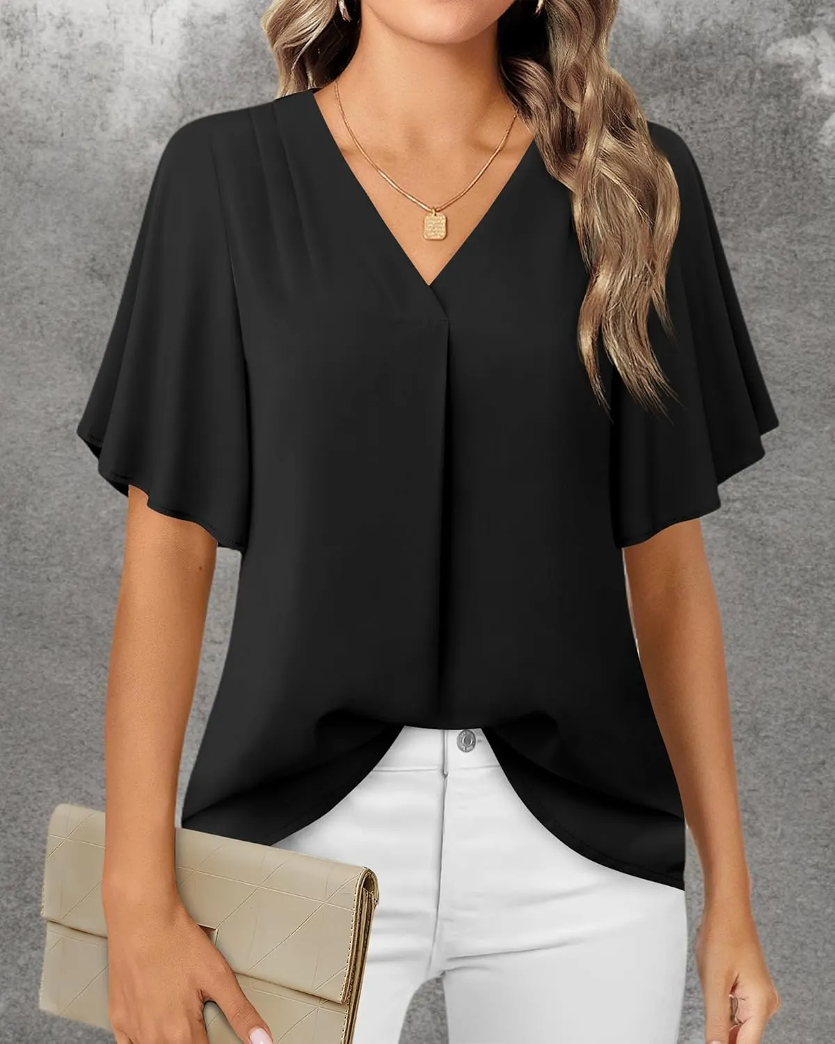 Timeson Women's V Neck Chiffon Blouse Ruffle Sleeve Ladies Work Shirts