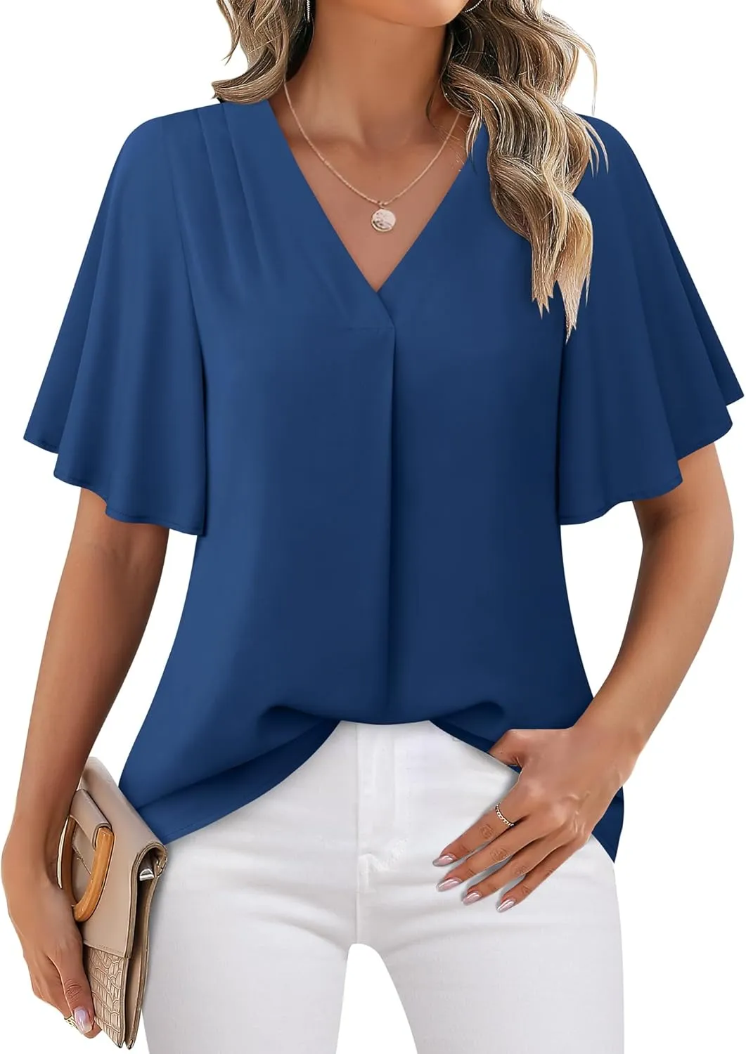 Timeson Women's V Neck Chiffon Blouse Ruffle Sleeve Ladies Work Shirts