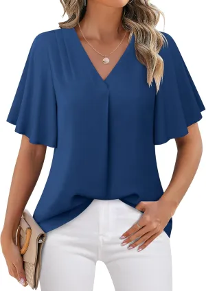 Timeson Women's V Neck Chiffon Blouse Ruffle Sleeve Ladies Work Shirts