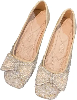 TN TANGNEST Ballet Flats for Women Brief Style Square Toe Pearl Bowtie Flat Shoes Casual Rhinestone Dress Flat Loafers